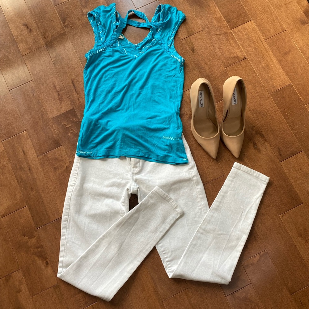 Parasuco turquoise v-neck top t-shirt with design - Picture 3 of 8